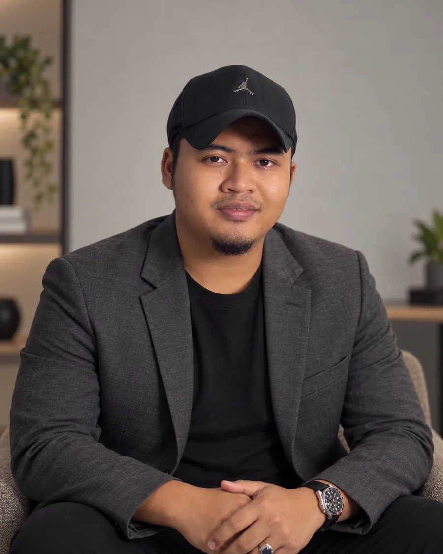 Potret Coach Am dengan blazer charcoal dan topi hitam